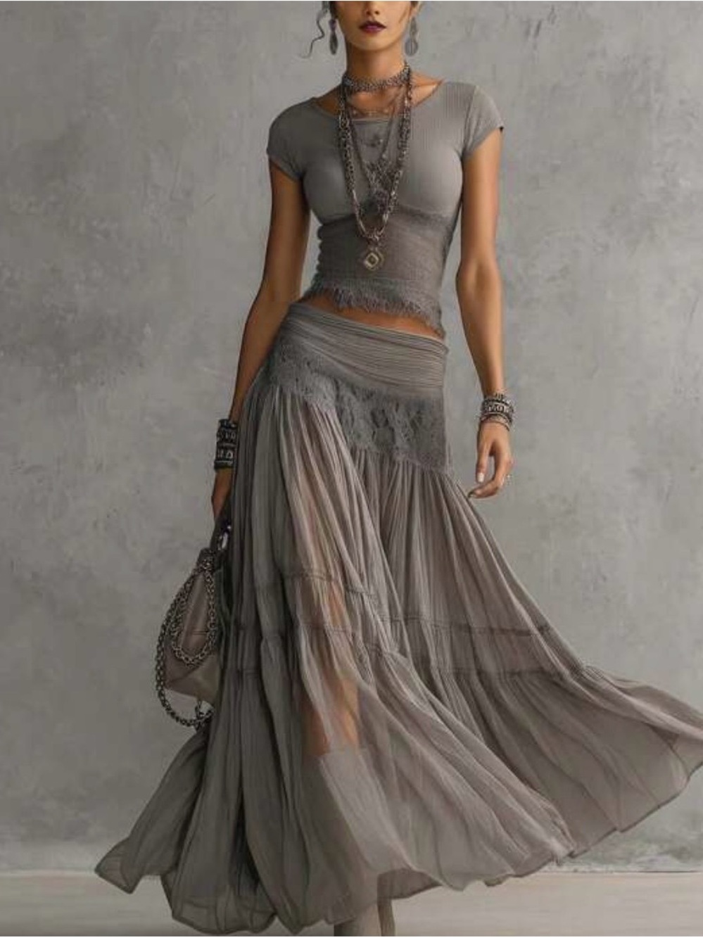 Bohemian Gray Tiered Maxi Skirt - Women's Flowing Skirt
